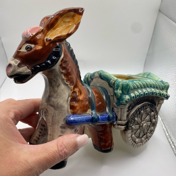Japan Porcelain Brown Donkey Rickshaw Planter Vintage - Picture 1 of 10